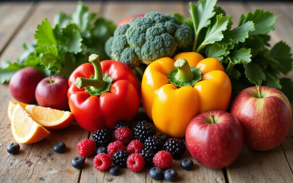 Zdjęcie przedstawiające świeże, zdrowe warzywa i owoce symbolizujące zdrową dietę i odżywianie.